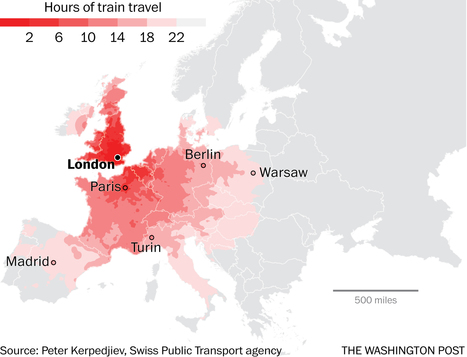 Map: The remarkable distances you can travel on a European train in less than a day | IELTS, ESP, EAP and CALL | Scoop.it