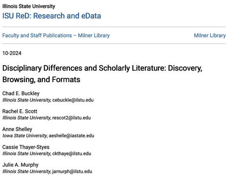 Article: Disciplinary Differences and Scholarly Literature: Discovery, Browsing, and Formats (preprint) | Notebook or My Personal Learning Network | Scoop.it