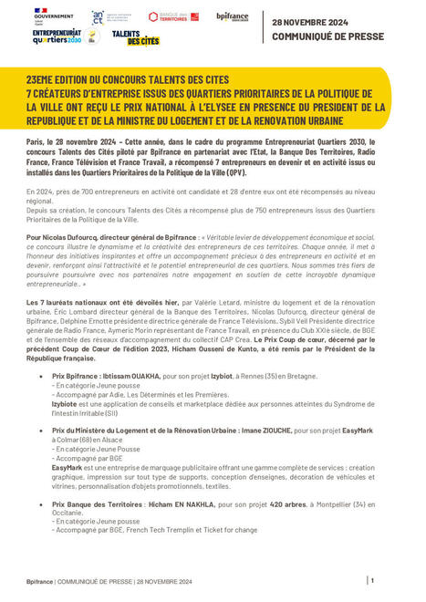 23eme édition du concours Talents Des Cités - 7 créateurs d’entreprise issus des Quartiers Prioritaires de la Politique de la Ville ont reçu le prix national à l’Élysée | L'actualité de la politique de la ville | Scoop.it
