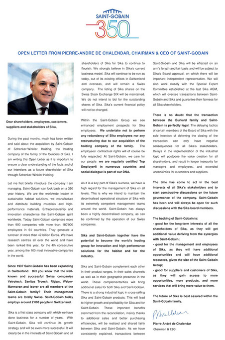 OPEN LETTER FROM PIERRE-ANDRE DE CHALENDAR, CHAIRMAN & CEO OF SAINT-GOBAIN | Saint-Gobain in Switzerland | Scoop.it