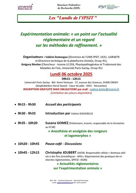 Les Lundis de l'IPSIT - Lundi 6 octobre 2025 : « Expérimentation animale » - CHANGEMENT DE SALLE ! | Life Sciences Université Paris-Saclay | Scoop.it