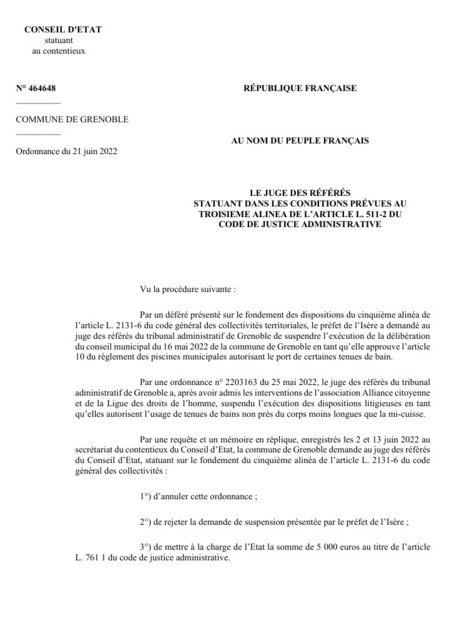 Le Conseil d’État confirme la suspension du règlement intérieur des piscines de la ville de Grenoble autorisant le port du « burkini »  | Veille juridique du CDG13 | Scoop.it