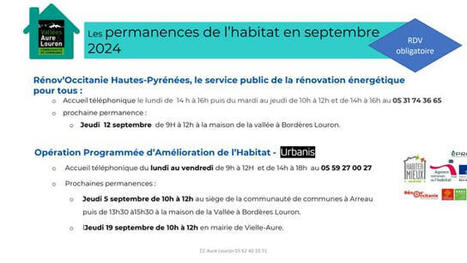Les permanences en septembre 2024 sur Aure Louron : Renov'Occitanie, OPAH, France Services, Maison du travail saisonnier, CIDDF, Mission Locale&nbsp; | Vall&eacute;es d'Aure & Louron - Pyr&eacute;n&eacute;es | Scoop.it