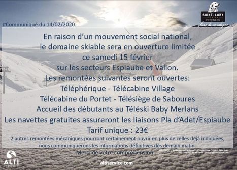 Saint-Lary Soulan : en raison d'un mouvement social ouverture partielle du domaine skiable le 15 février | Vallées d'Aure & Louron - Pyrénées | Scoop.it
