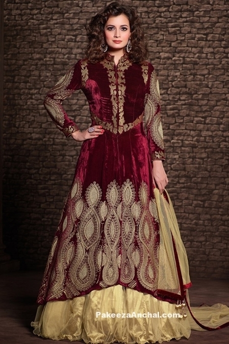 Maroon and Beige Velvet Net Lehenga Choli for Wedding Wear | Indian Fashion Updates | Scoop.it