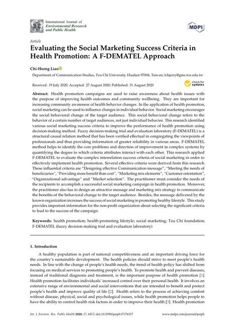 Evaluating the Social Marketing Success Criteria in Health Promotion: A F-DEMATEL Approach. Chi-Horng Liao | Italian Social Marketing Association -   Newsletter 216 | Scoop.it