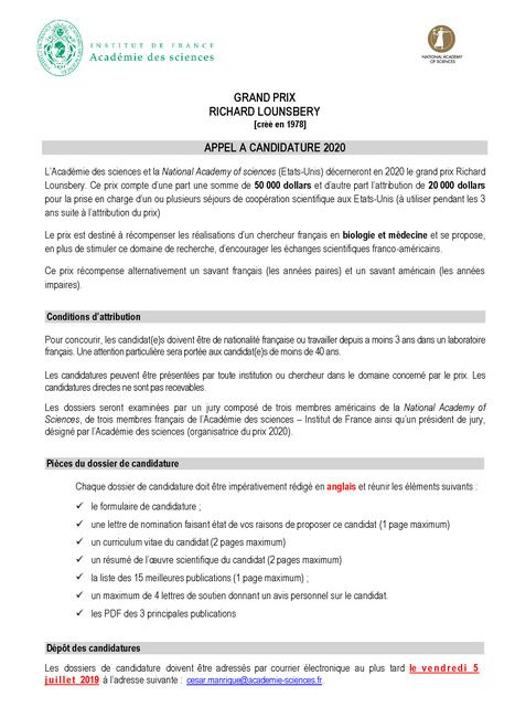 Appel à candidature 2020 : prix Richard Lounsbery | Life Sciences Université Paris-Saclay | Scoop.it