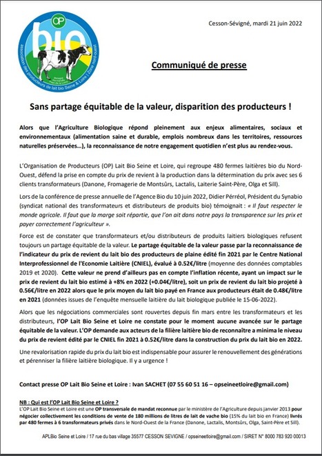 OP Seine et Loire : « Sans partage équitable de la valeur, disparition des producteurs ! » | Lait de Normandie... et d'ailleurs | Scoop.it