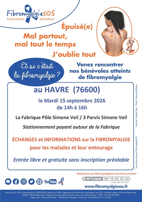 R&eacute;union d'information et d'&eacute;changes sur la fibromyalgie au Havre le mardi 15 septembre 2026 de 14h &agrave; 16h | Association FibromyalgieSOS | Scoop.it