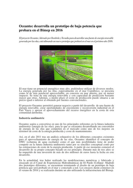 Oceantec desarrolla un prototipo de baja potencia que probara en el Bimep en 2016 | Noticias Asociados | Scoop.it