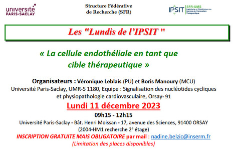 RAPPEL ! Les Lundis de l'IPSIT - Lundi 11 décembre 2023 : "La cellule endothéliale en tant que cible thérapeutique" | Life Sciences Université Paris-Saclay | Scoop.it
