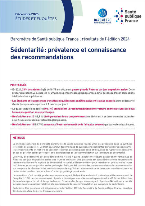S&eacute;dentarit&eacute; : pr&eacute;valence et connaissance des recommandations. In Barom&egrave;tre de Sant&eacute; publique France : r&eacute;sultats de l&rsquo;&eacute;dition 2024 | 1 - Etudes - Rapports - Chiffres Clefs | Scoop.it