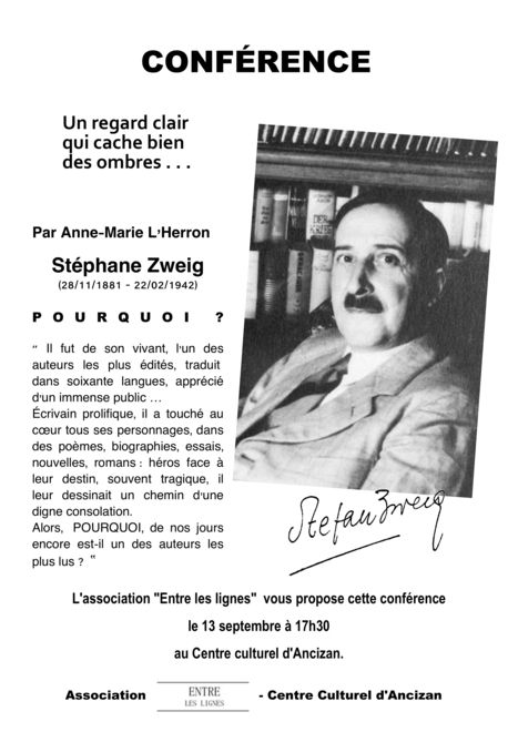 Conf&eacute;rence sur St&eacute;phane Zweig au Centre culturel d'Ancizan le 13 septembre | Vall&eacute;es d'Aure & Louron - Pyr&eacute;n&eacute;es | Scoop.it