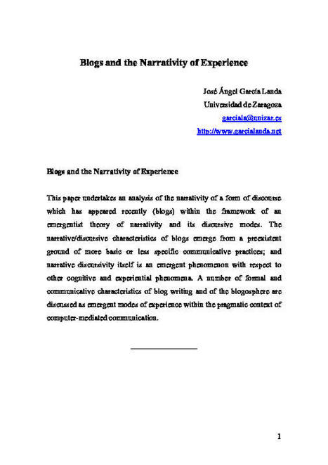 (PDF) Blogs and the Narrativity of Experience | José Angel García Landa - Academia.edu | Retrospection | Scoop.it