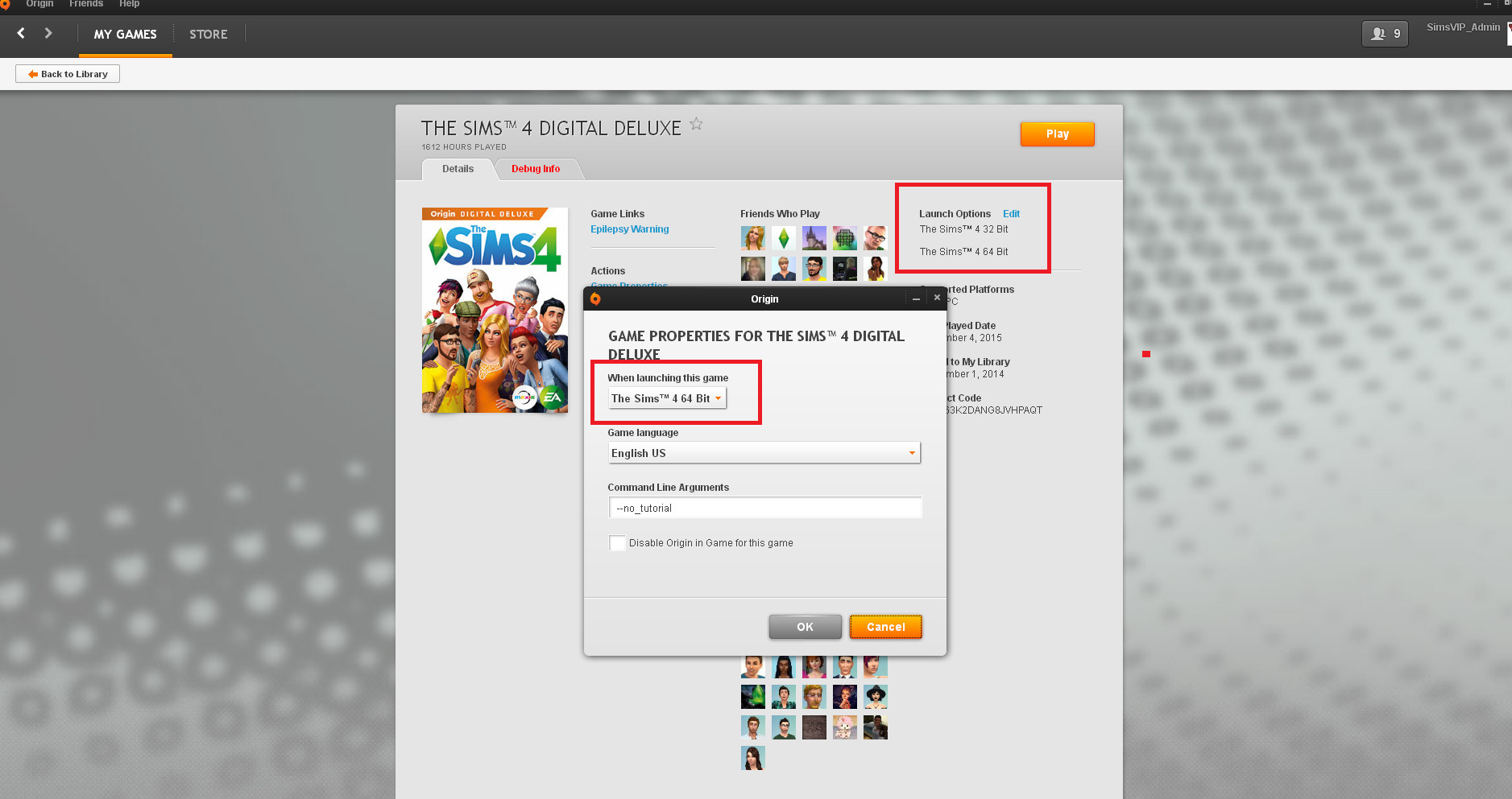 The Sims 4: Selecting 64-bit Option in Origin