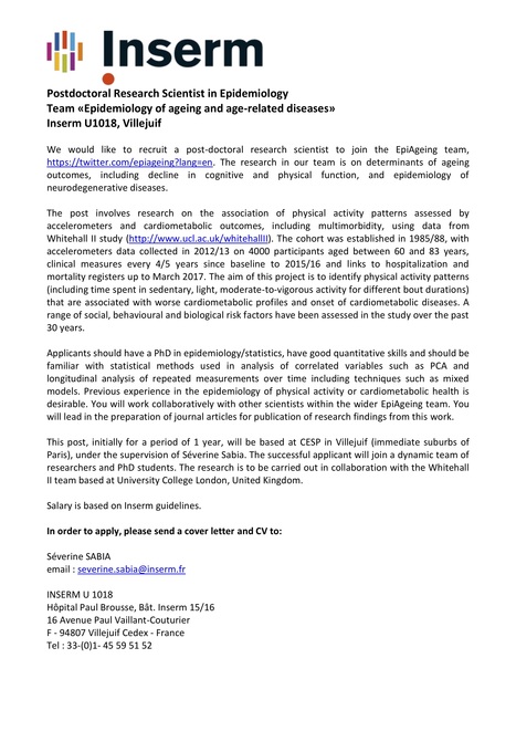 Postdoctoral Research Scientist in Epidemiology Team &laquo;Epidemiology of ageing and age-related diseases&raquo; Inserm U1018, Villejuif | Life Sciences Universit&eacute; Paris-Saclay | Scoop.it
