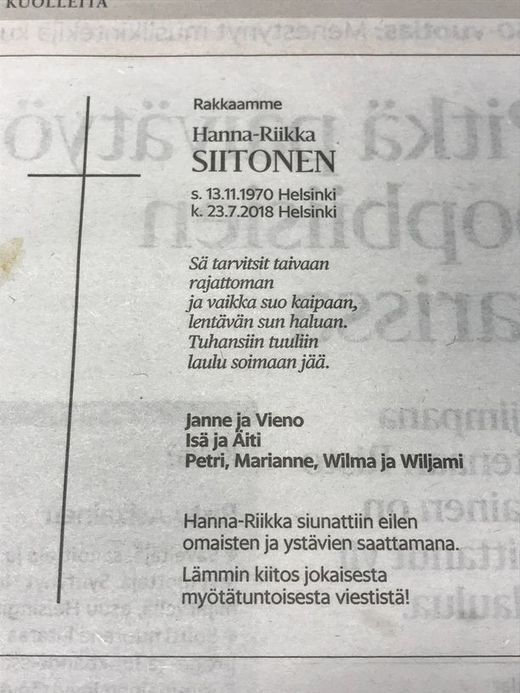 Hanna-Riikka Siitosen koskettava kuolinilmoitus...