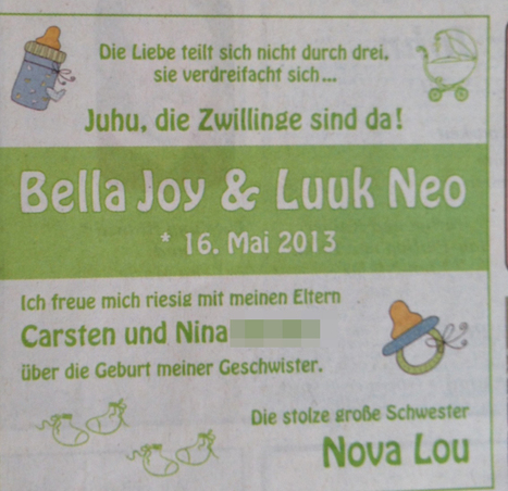 Da kommt doppelt Freude auf! Bella Joy Luuk Neo | Name News | Scoop.it