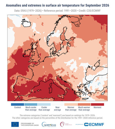 Temp&eacute;rature de l'air de surface pour septembre 2026 - Copernicus | Biodiversit&eacute; | Scoop.it