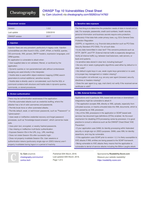 OWASP Top 10 Vulnerabilities Cheat Sheet by clucinvt - Download free from Cheatography - Cheatography.com: Cheat Sheets For Every Occasion | Bonnes Pratiques Web & Cloud | Scoop.it