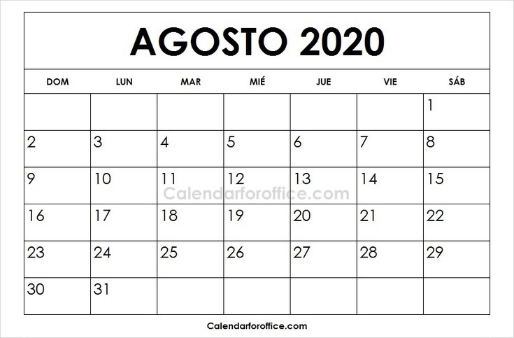 Calendario 2020 Agosto | Calendario 2020 en Bla...