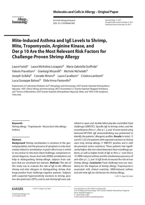 Mite-Induced Asthma and IgE Levels to Shrimp, Mite, Tropomyosin, Arginine Kinase, and Der p 10 Are the Most Relevant Risk Factors for Challenge-Proven Shrimp Allergy | Allergy (and clinical immunology) | Scoop.it