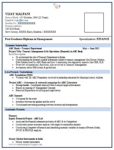 Resume Format For Fresh Mba Finance Finance Resume Examples