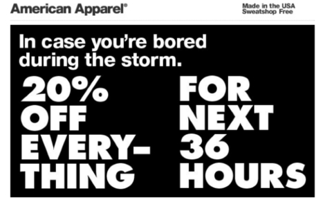 American Apparel Angers Twittersphere With 'Hurricane Sandy Sale' | Communications Major | Scoop.it