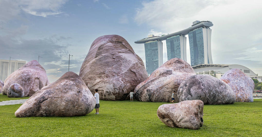sixteen air-filled inflatable rock formations b...