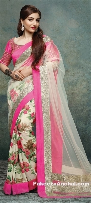 Soha Ali Khan in Crepe Printed Saree with Floral Work and Zari Border | Indian Fashion Updates | Scoop.it