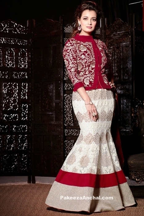 Dia Mira in Maroon and Cream Stylish Fishcut Lehenga Jacket | Indian Fashion Updates | Scoop.it