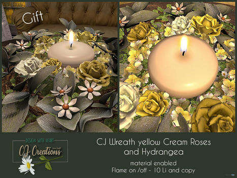 Wreath Yellow Cream Roses & Hydrangea June 2022 Group Gift by CJ Creations | Teleport Hub - Second Life Freebies | Second Life Freebies | Scoop.it