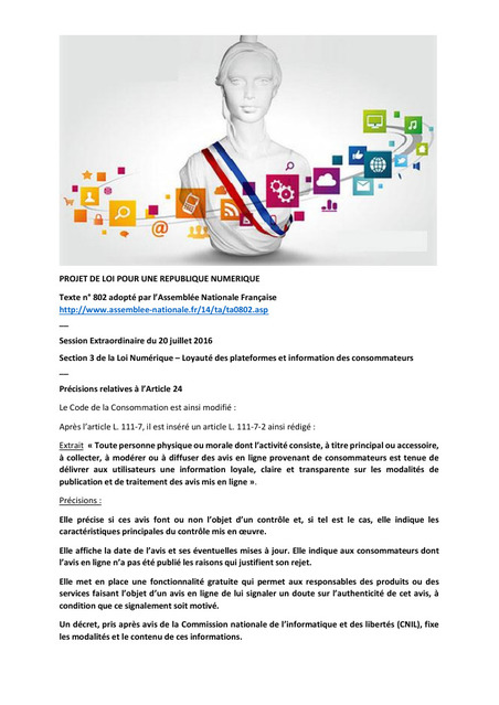 Ce que dit l'Article 24 de la Loi Numérique adoptée par le Parlement Français - Juillet 2016 (Avis Consommateurs) | Building a world of trust for e-commerce | Scoop.it