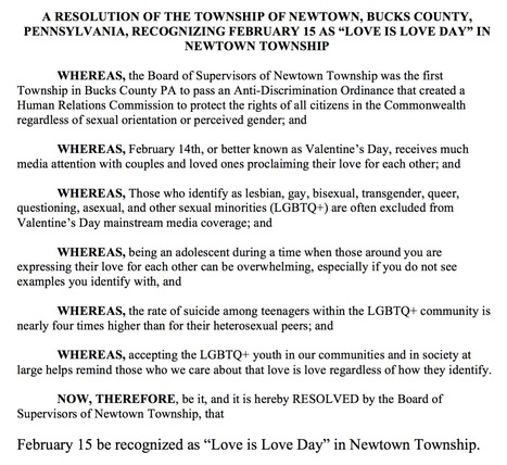 Newtown Township Working on “Love is Love Day” Resolution Modeled After One Sponsored By State Senator Steve Santarsiero | Newtown News of Interest | Scoop.it