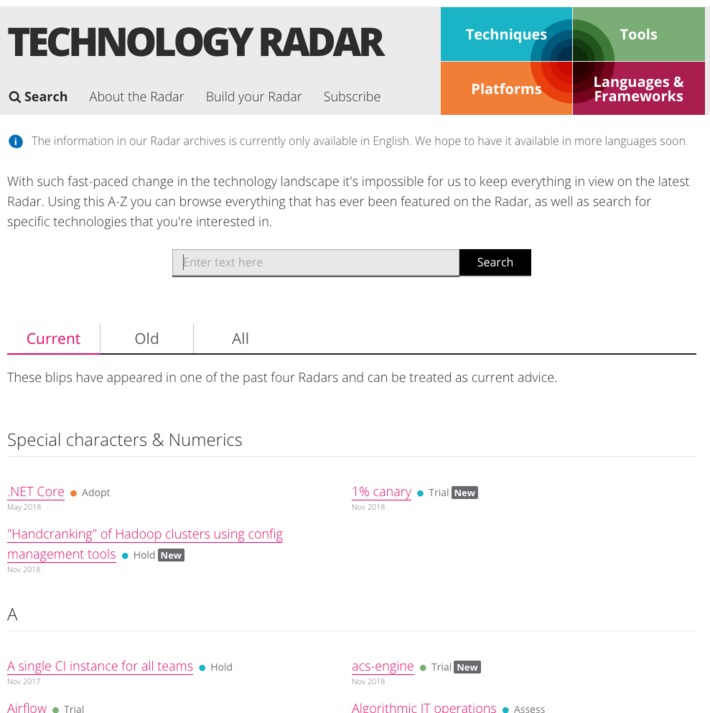 Looking for a great reference of tools, languages, techniques and platforms? this is it A-Z Technology Radar reference from @ThoughtWorks | WHY IT MATTERS: Digital Transformation | Scoop.it