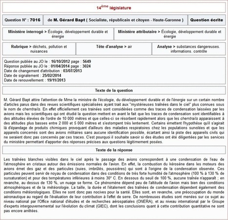 R&eacute;ponse du minist&egrave;re de l'&eacute;cologie &agrave; la question de Jo&euml;l Giraud sur les chemtrails | ACTUALIT&Eacute; | Scoop.it