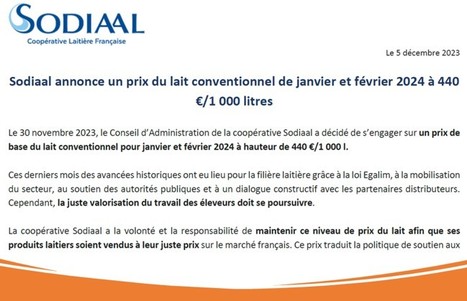 Sodiaal annonce un prix du lait conventionnel de janvier et février 2024 à 440€ | Lait de Normandie... et d'ailleurs | Scoop.it