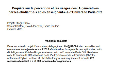 Enqu&ecirc;te sur la perception et les usages des IA g&eacute;n&eacute;ratives​ par les &eacute;tudiant&middot;e&middot;s et les enseignant&middot;e&middot;s​ d&rsquo;Universit&eacute; Paris Cit&eacute; - Archive ouverte HAL | Intelligence artificielle g&eacute;n&eacute;rative et p&eacute;dagogie | Scoop.it