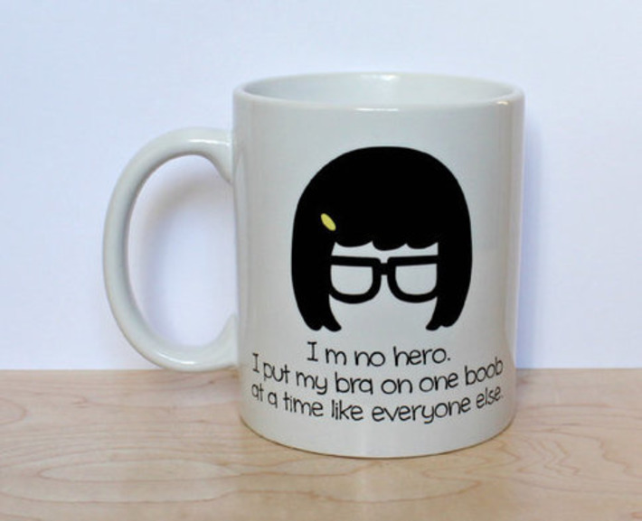 I'm no hero. I put my bra on one boob at a time like everyone else front 11 oz White Ceramic Mug | Walking On Sunshine | Scoop.it