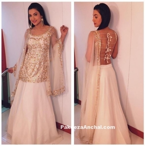 Gauhar Khan in White Backless Long Choli with Plain Lehenga by Esha Kaul | Indian Fashion Updates | Scoop.it