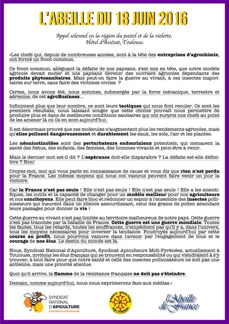 Toulouse: Les apiculteurs lancent &laquo;l'abeille du 18 juin&raquo; pour r&eacute;sister aux pesticides | EntomoNews | Scoop.it