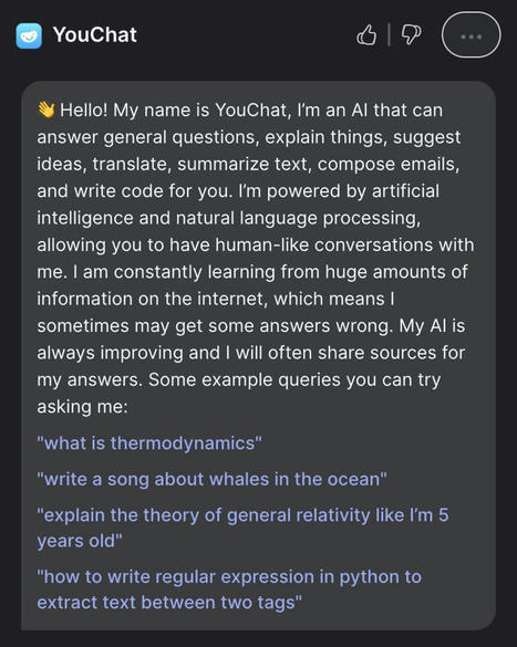 youChat - A new, open conversational AI platform like ChatGPT but additionally knows about recent events and can provide citations in its answers | Best | Scoop.it