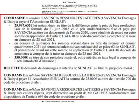 Savencia condamné à verser près de 26 millions d'euros aux producteurs de Sunlait | Lait de Normandie... et d'ailleurs | Scoop.it