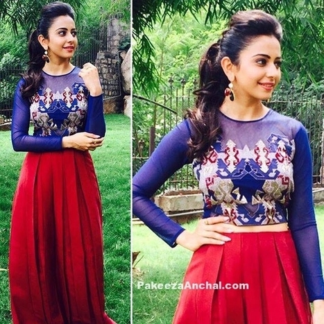 Rakul Preet Singh in Beautiful Red Pleated Skirt and Blue Crop Top by Babita Malkani | Indian Fashion Updates | Scoop.it