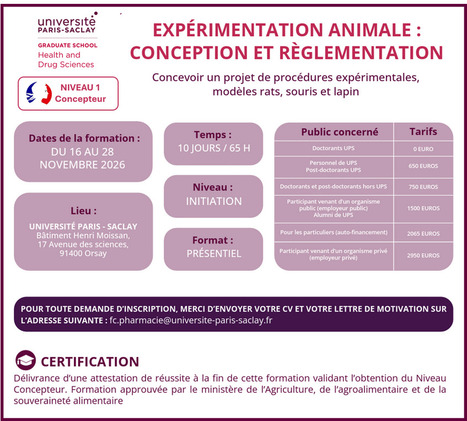 Formation "Exp&eacute;rimentation animale : conception et r&eacute;glementation" -&nbsp;du 16 au 28 novembre 2026 &agrave; Henri Moissan, Orsay | Life Sciences Universit&eacute; Paris-Saclay | Scoop.it