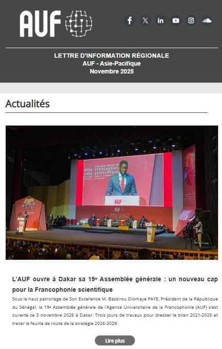 📧 La lettre d&rsquo;information du mois de novembre 2025 de l&rsquo;AUF - Asie-Pacifique est enfin disponible ! 📍 Cliquez sur https://lnkd.in/gyh4jxr6 pour consulter la lettre. 📩 L&rsquo;AUF en Asie-Pacifique&hellip; ... | Kunming-Yunnan | Scoop.it