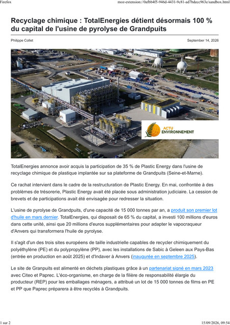 ACTU_20260914_Recyclage chimique TotalEnergies d&eacute;tient d&eacute;sormais 100 pour cent du capital de l'usine de pyrolyse de Grandpuits.pdf | "Sur mesure" : l'actualit&eacute; du cabinet | Scoop.it